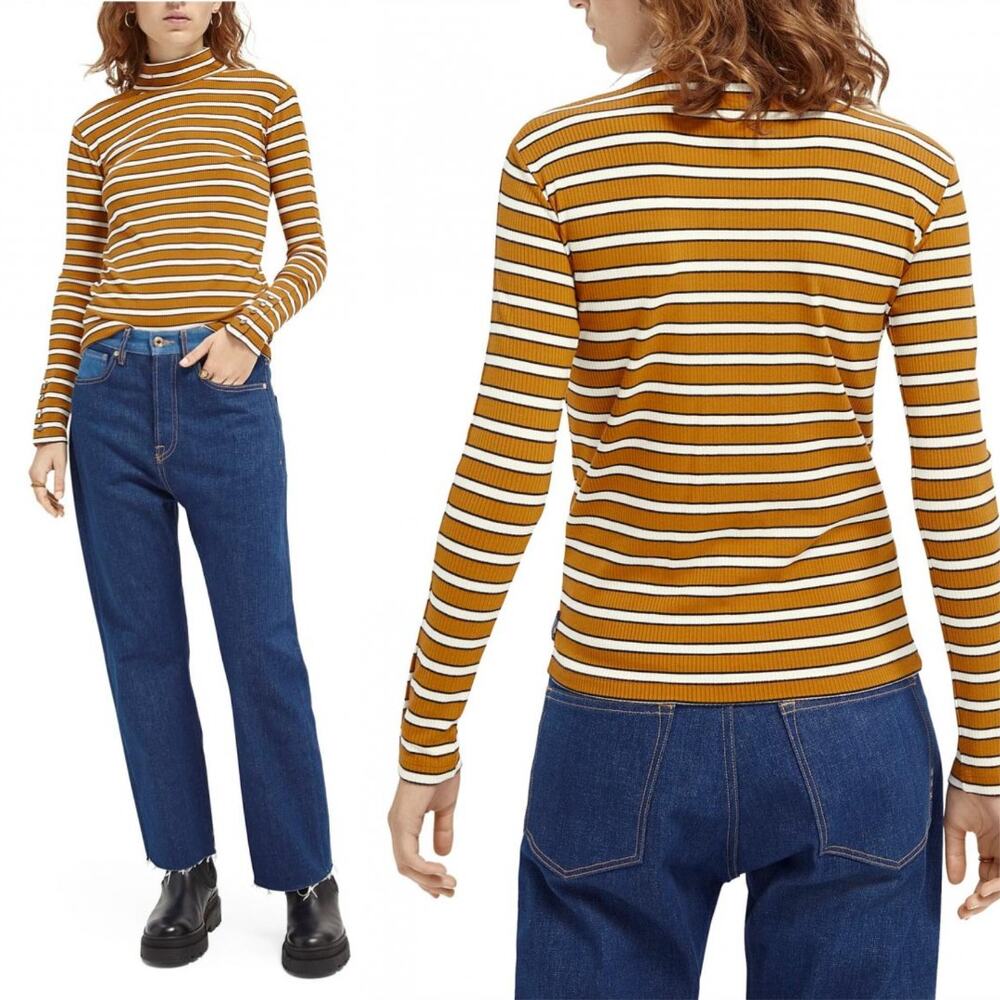 Scotch & Soda Mustard Yellow & White Stripe Ribbed Long Sleeve Mock Neck Top